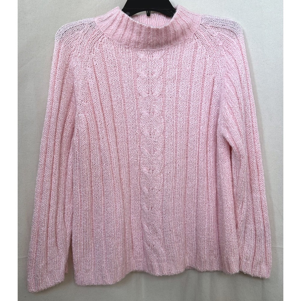 LT by Liz Thomas Baby Pink Cable Knit Ribbed Mock Neck Sweater Sz M Granny Vtg